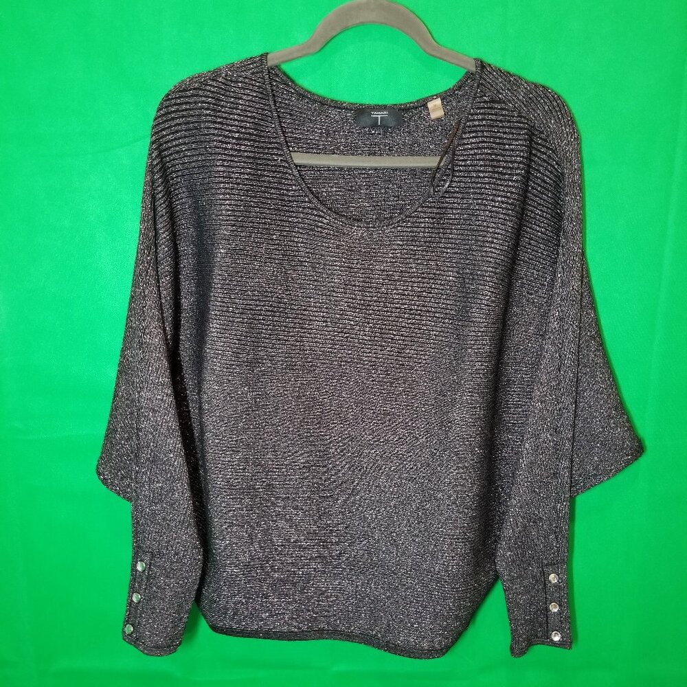 Tahari Womens Dolman Long Sleeve Sweater Black Silver Ribbed Knit Medium Party